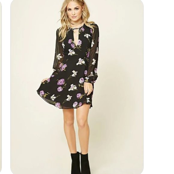 *Forever 21 Black & Purple Floral Print Regular Fit A Line Dress - Picture 1 of 10